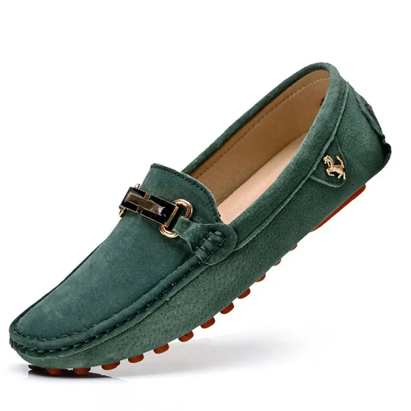YRZL men's green suede loafers with gold buckle and horse logo, Simples Market slip-on moccasins