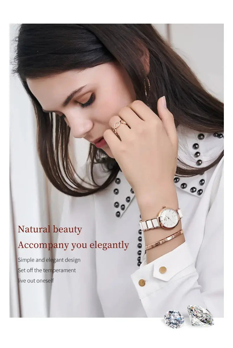 Women's rose-gold ceramic-strap watch with quartz movement, shown with two rings