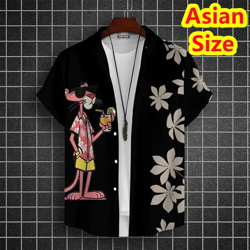 Men's black short-sleeve shirt with cartoon tiger graphic and beige hibiscus print