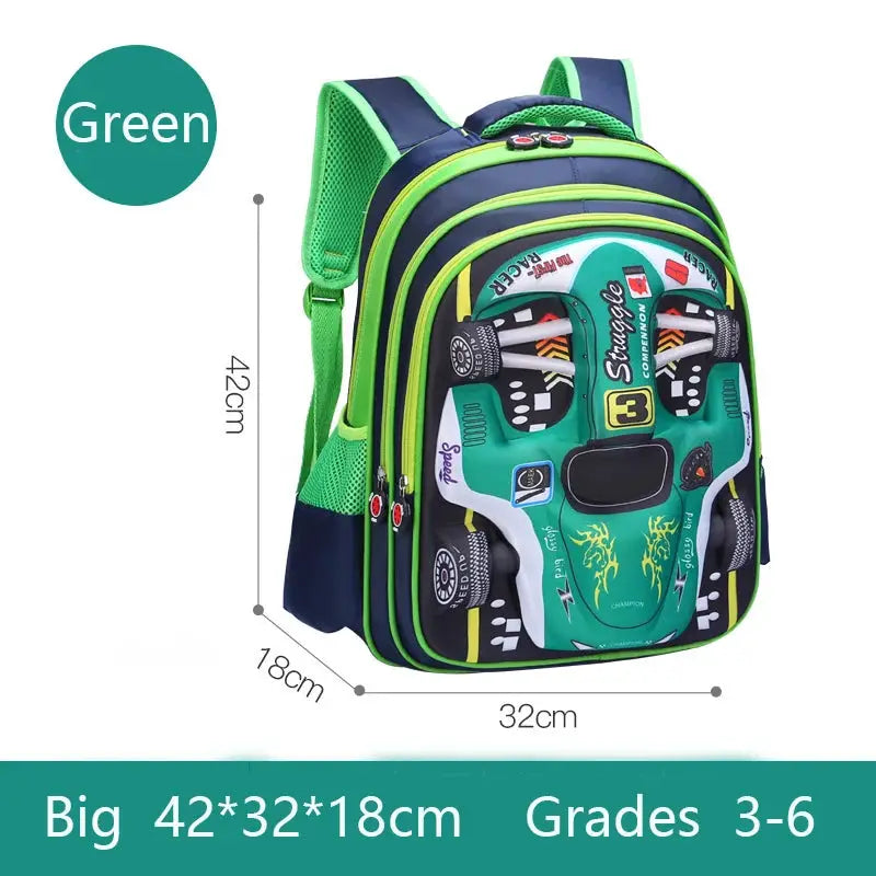 Backpack Simples Market waterproof 3D car design, green and navy for kids, 42×32×18 cm