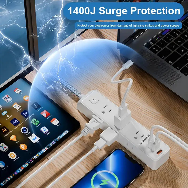 PUJIMAX 5FT Power Strip With 5 Outlets And 3 USB Ports Wall Mountable Surge Protector And Overload Protection