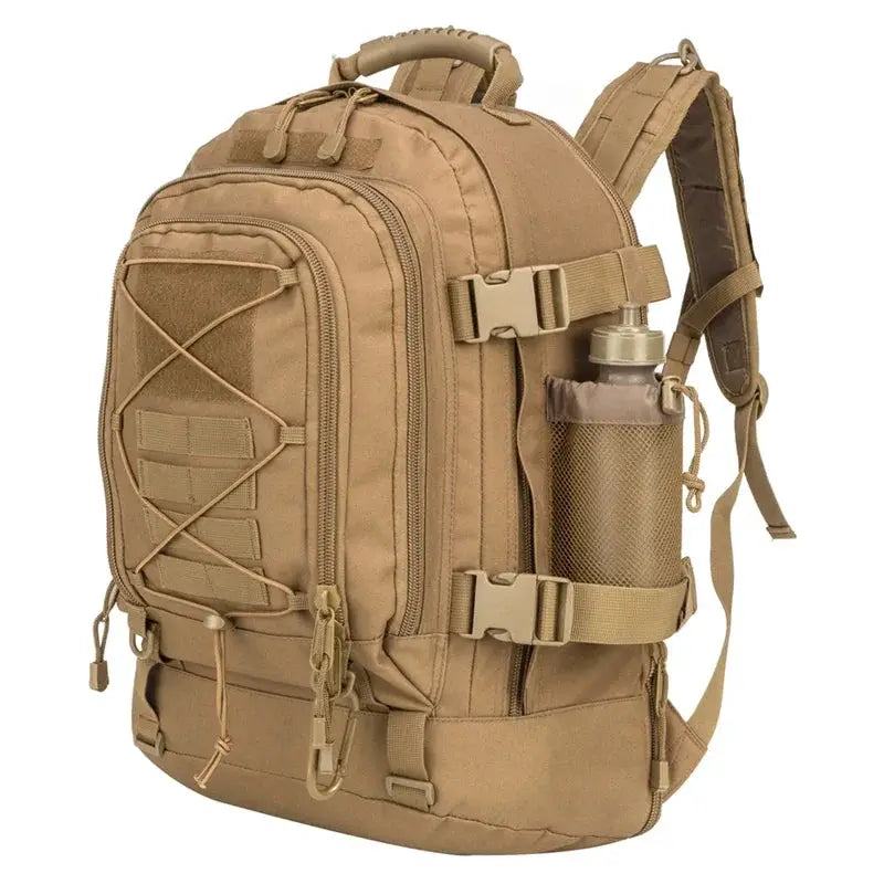 Simples Market tan tactical backpack with large capacity and side water bottle pocket.