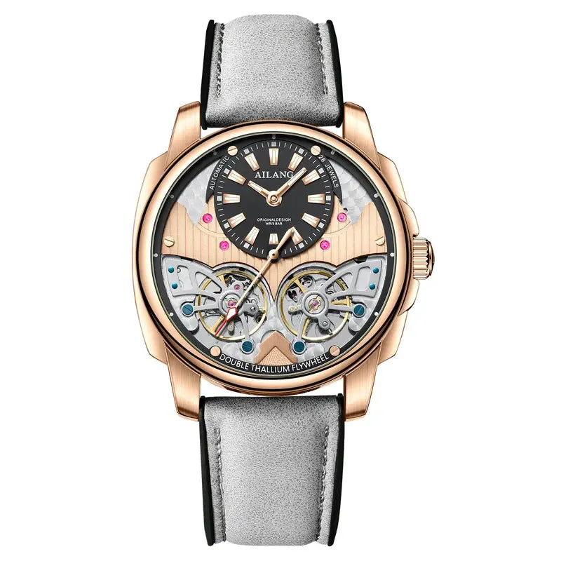 AILANG men's luxury automatic skeleton watch with double tourbillon, rose-gold case, gray leather strap