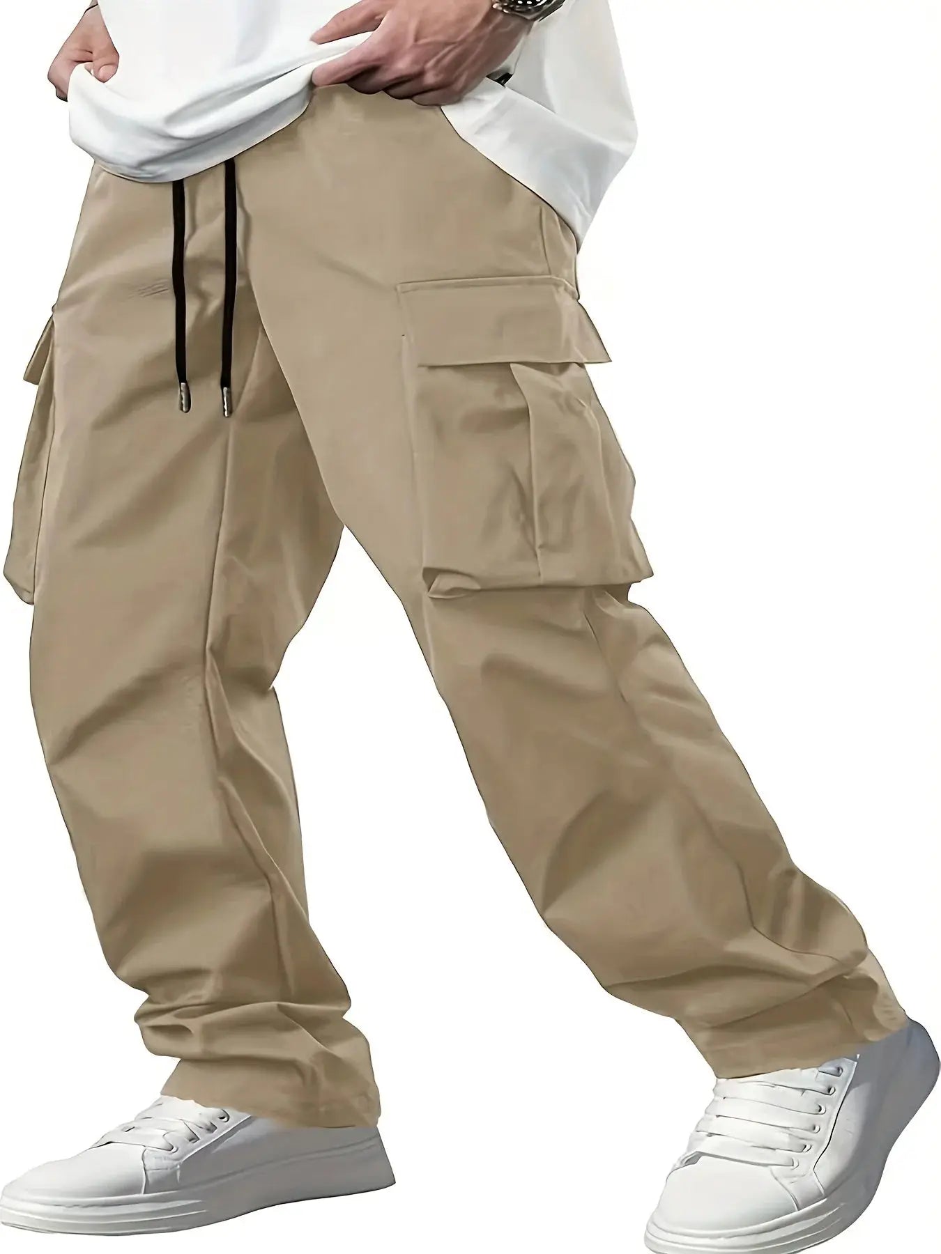 Men's beige cargo work pants by Simples Market with drawstring waist and multiple pockets