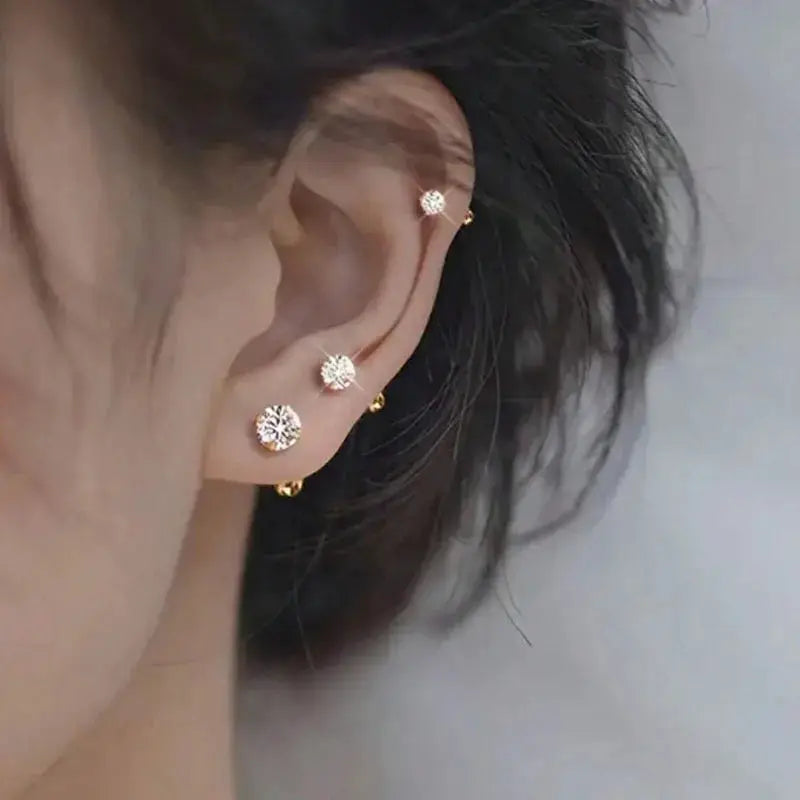 3Pairs round zirconia stud earrings in stainless steel for cartilage, tragus, and lobe piercings