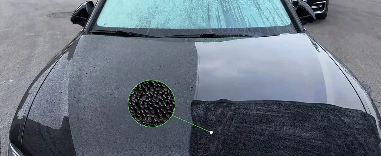 3pc Ultra-Absorbent Microfiber Cleaning Cloths on car hood, black, soft and quick-dry