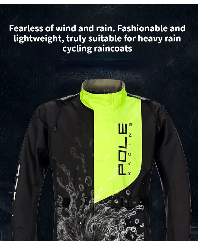 POLE motorcycle raincoat set in black with neon yellow panel, breathable waterproof, reflective