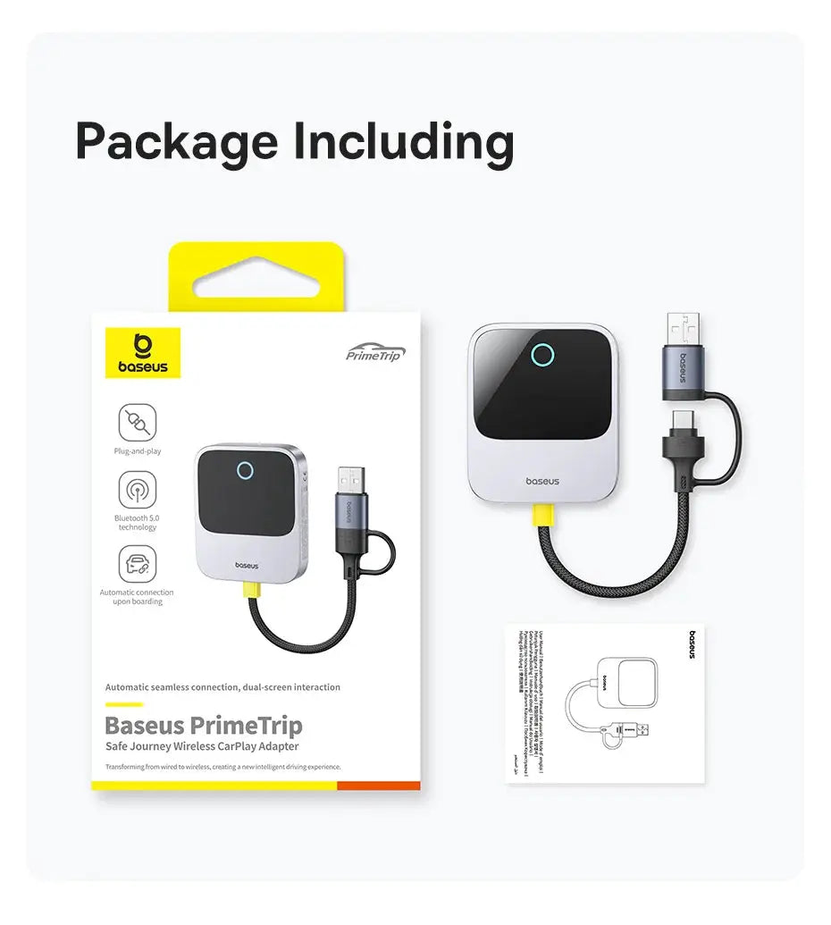 Baseus PrimeTrip wireless CarPlay adapter kit, white compact unit with blue ring and braided cable.