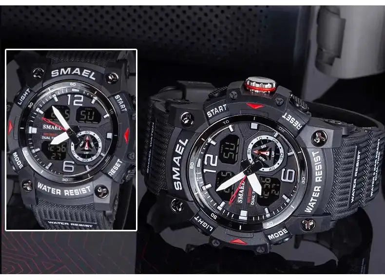 Two SMAEL sport watches for men with analog-digital display, LED back light, black rugged strap