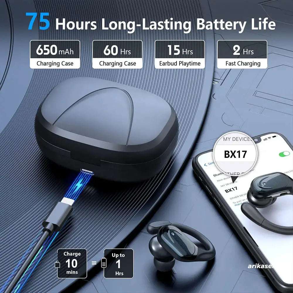 Pair of Simples Market wireless earbuds in black with charging case and USB-C charging cable