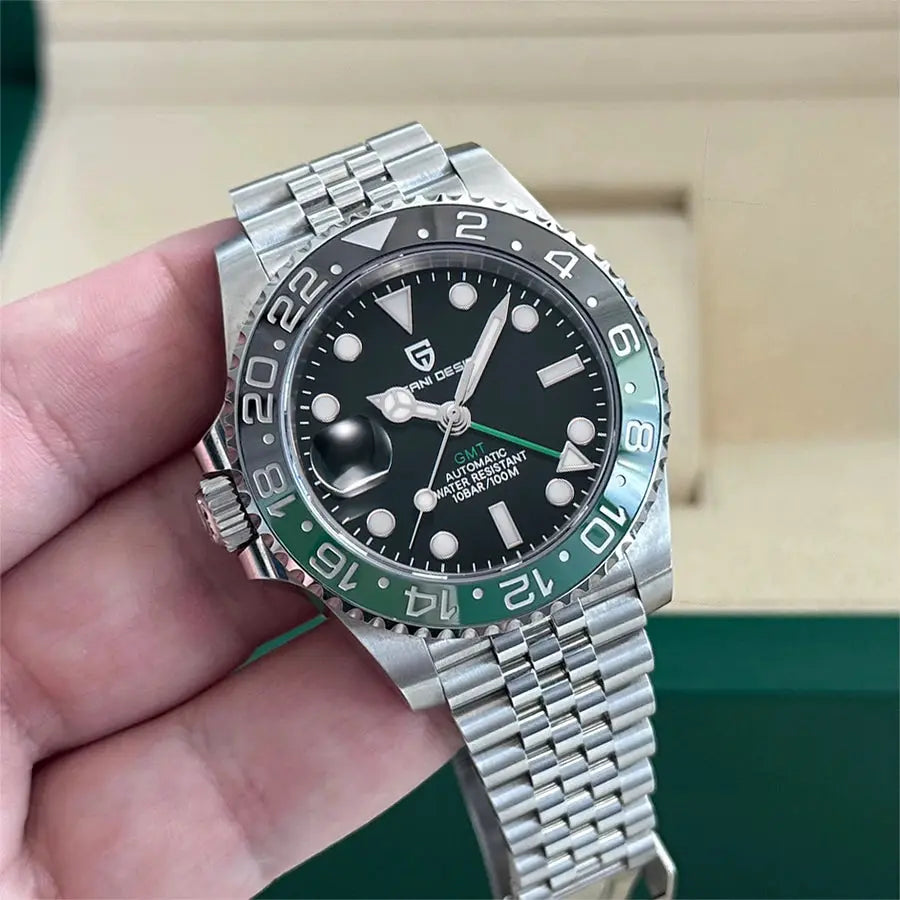 Pagani Design 40mm GMT automatic stainless steel watch with black dial and green/black bezel, 100m water resistant