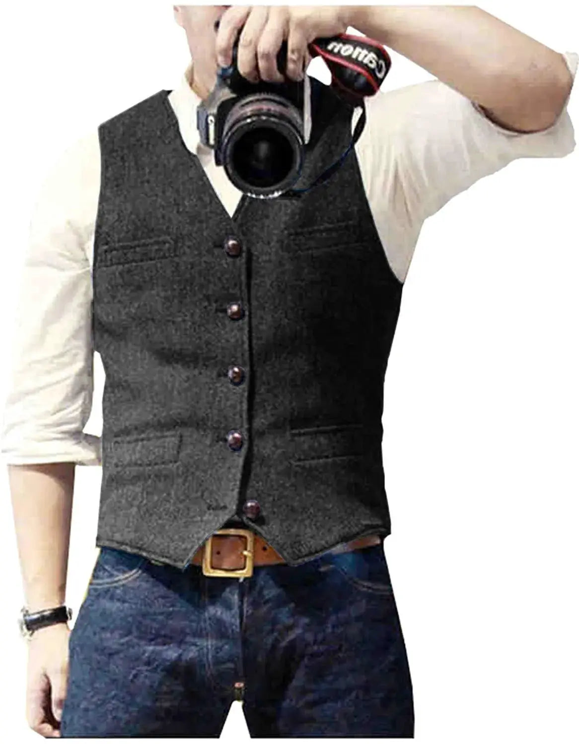 Men's wool herringbone tweed waistcoat, V-neck, dark gray with brown buttons