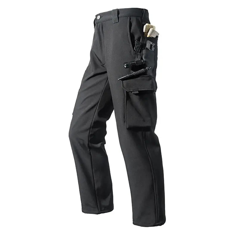 Men's black fleece-softshell cargo pants with side tool pockets