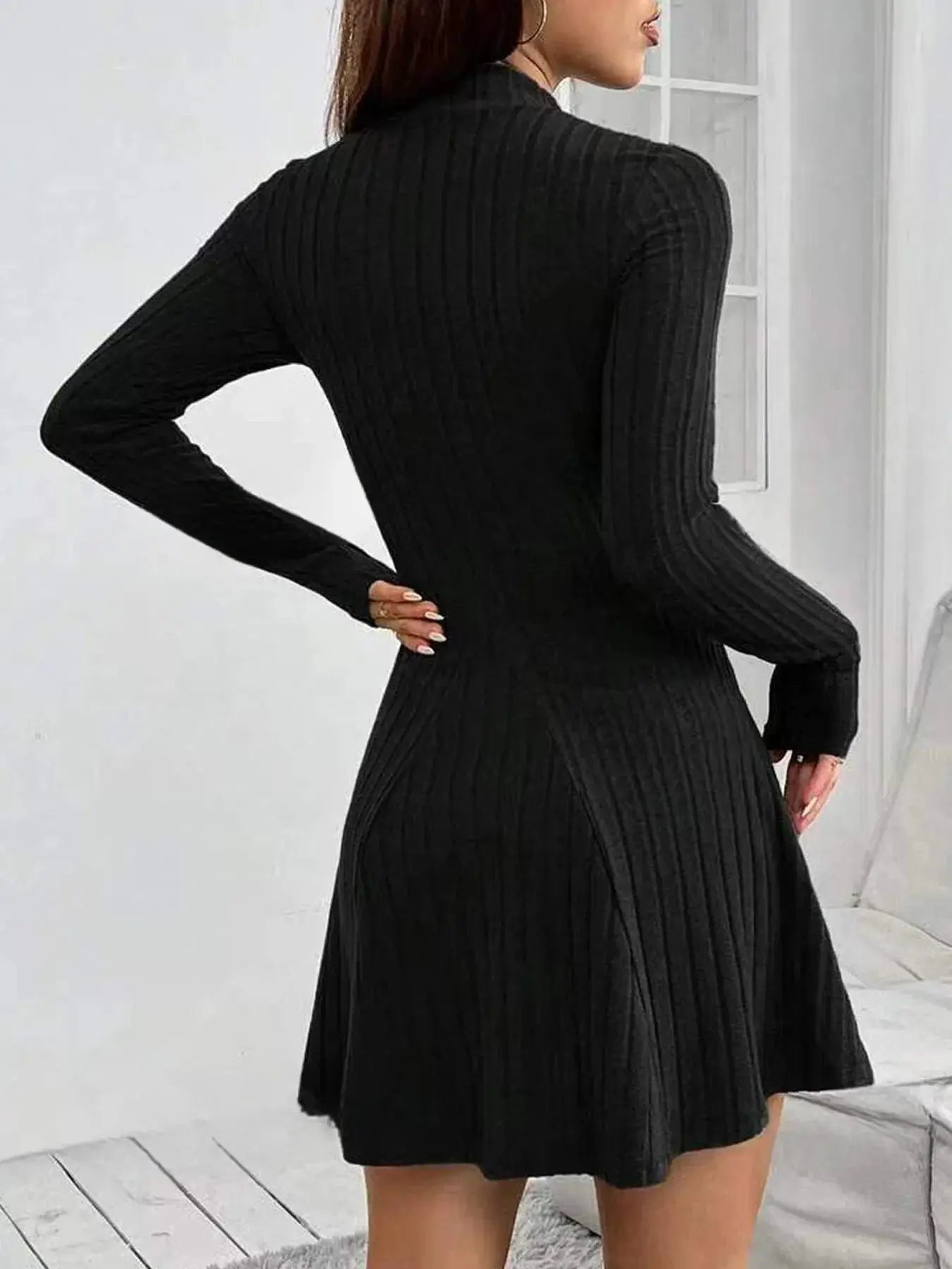 LuxeWeave Womens Slim Fit Dress With Half High Collar Cinched Waist Aline Pinstripe Long Sleeves For Autumn And Winter