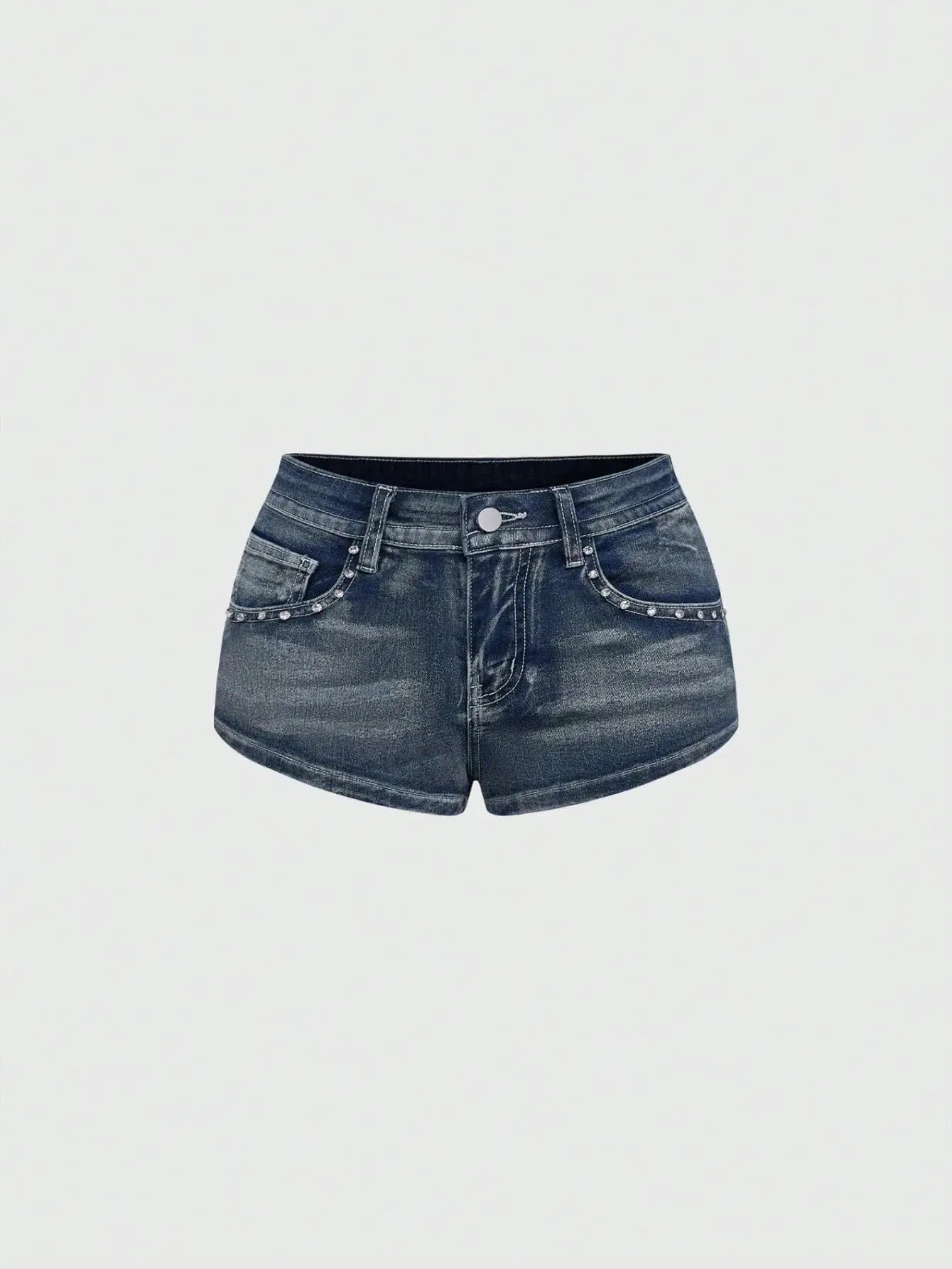 Low-rise distressed denim shorts with studded front pockets in dark blue