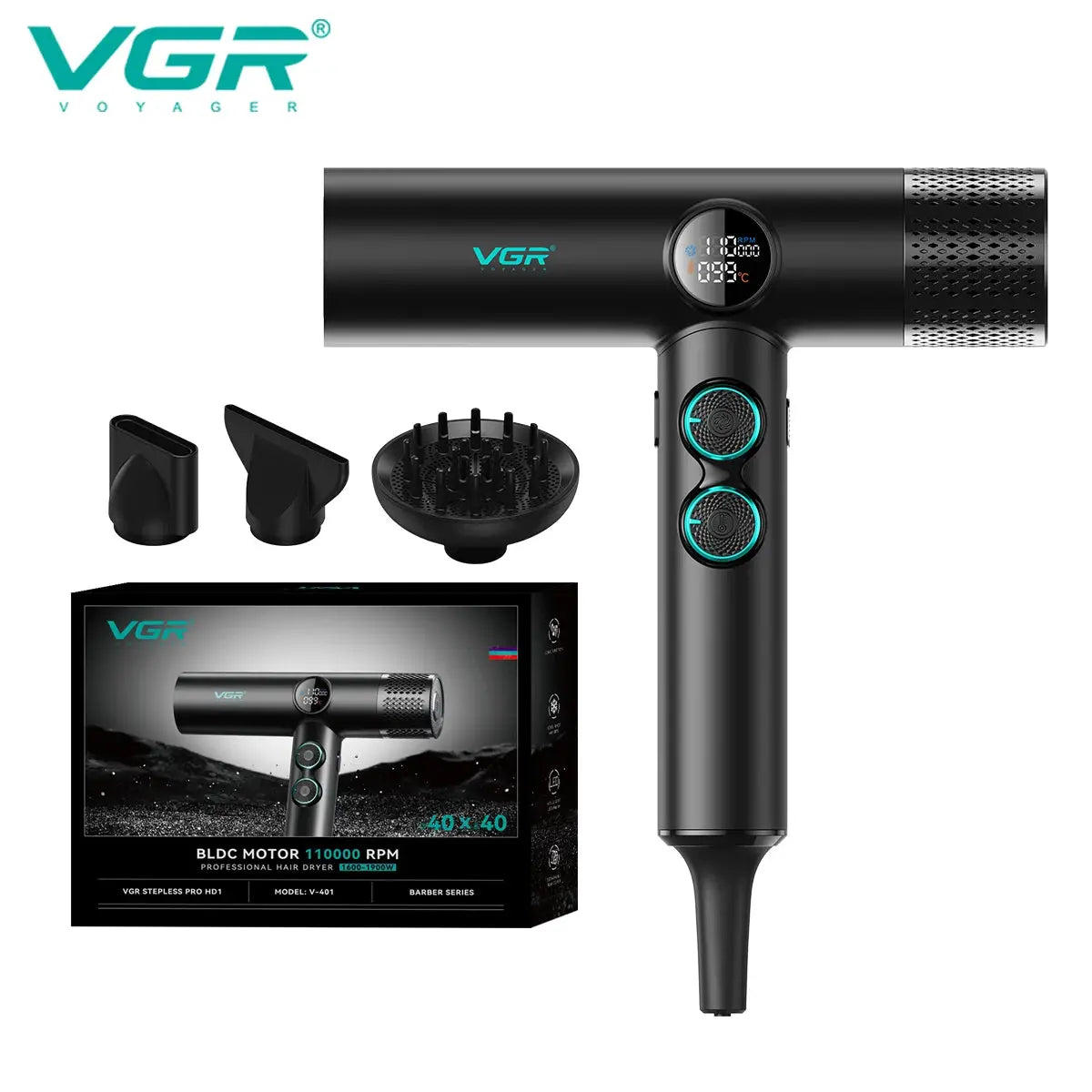 VGR professional hair dryer with brushless motor, digital display, turquoise control rings, and 3 attachments