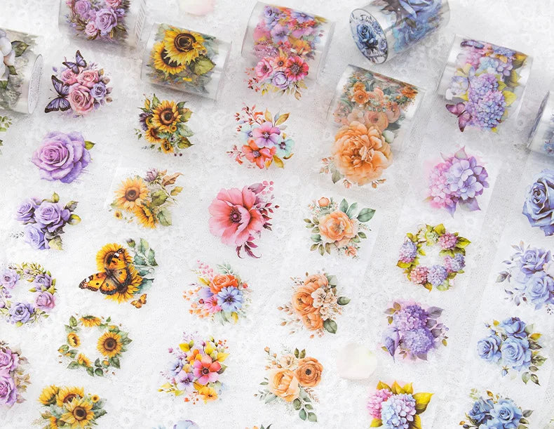 Mr.paper PET Washi Tape Flower Garden Series decorative tape set; several colorful floral rolls displayed.