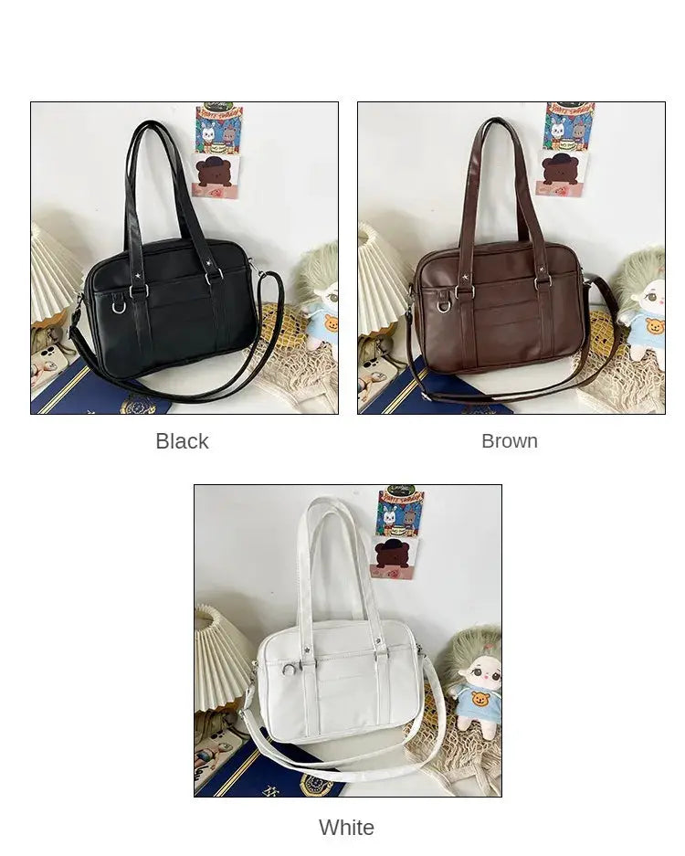 Simples Market Japanese Style JK Bag PU leather shoulder crossbody bag for women; black, brown, or white.