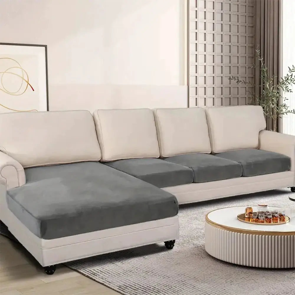 Soft velvet sofa slipcovers by Simples Market for sectional with chaise; grey seat cushions over beige couch