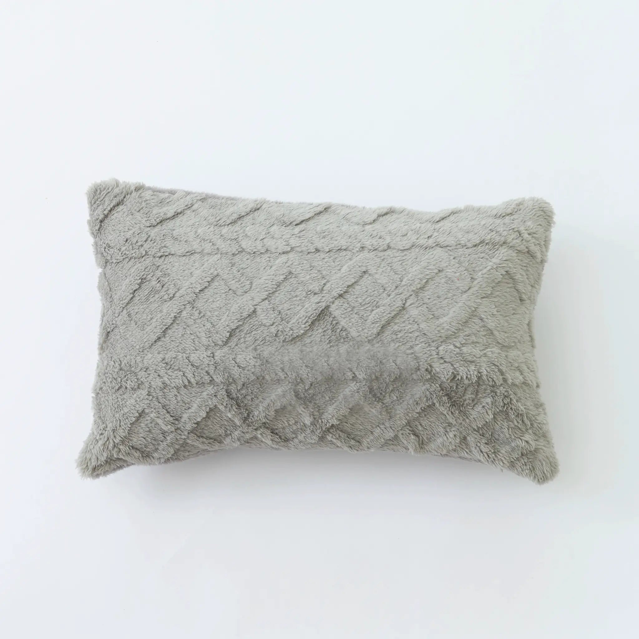 Plush light gray lumbar pillow cover, faux fur texture, 30x50 cm for indoor sofa decor.