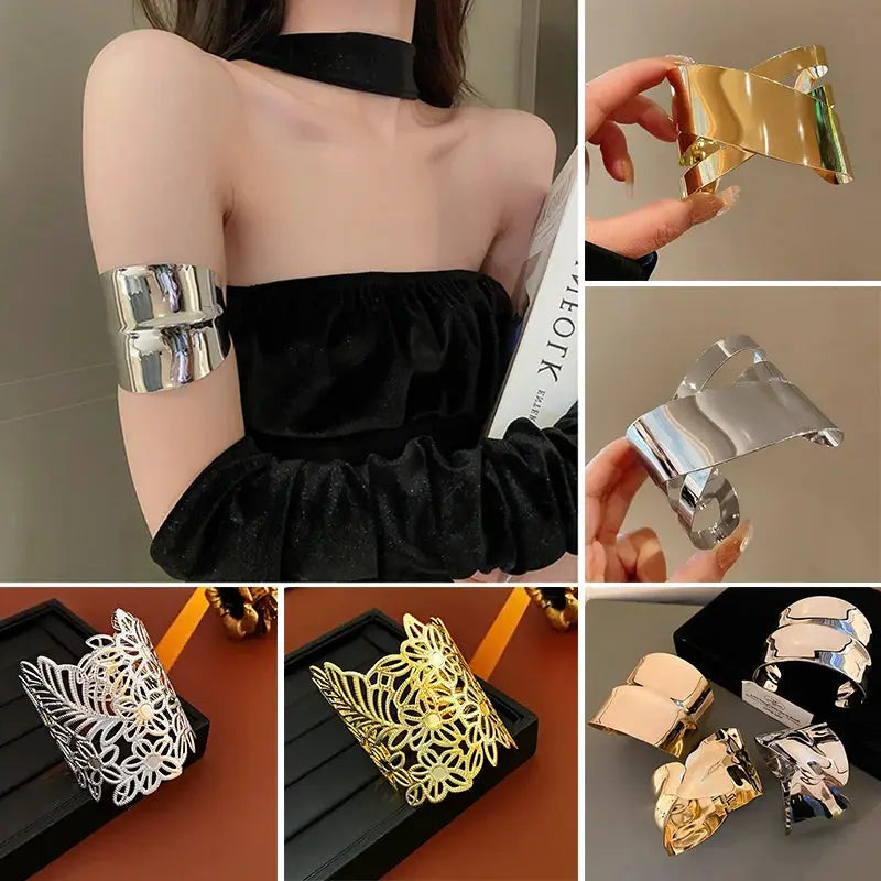Metal cuff bracelet set for women in silver and gold tones; geometric multi-layer armbands and ornate filigree floral cuffs.