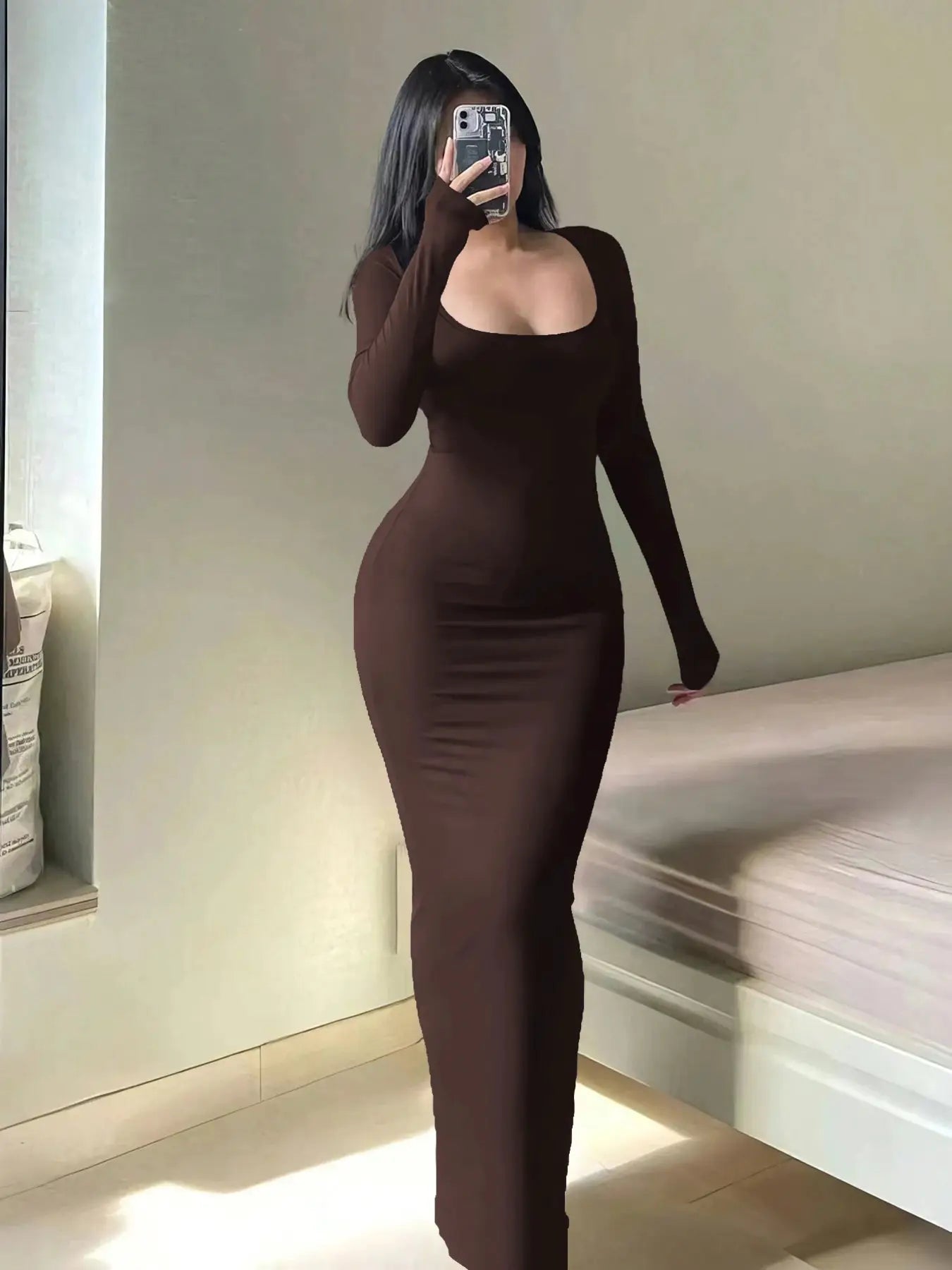 LuxeLine Womens Solid Long Sleeve Bodycon Dress With Square Neckline Ankle Length Silhouette And Stretch Fabric