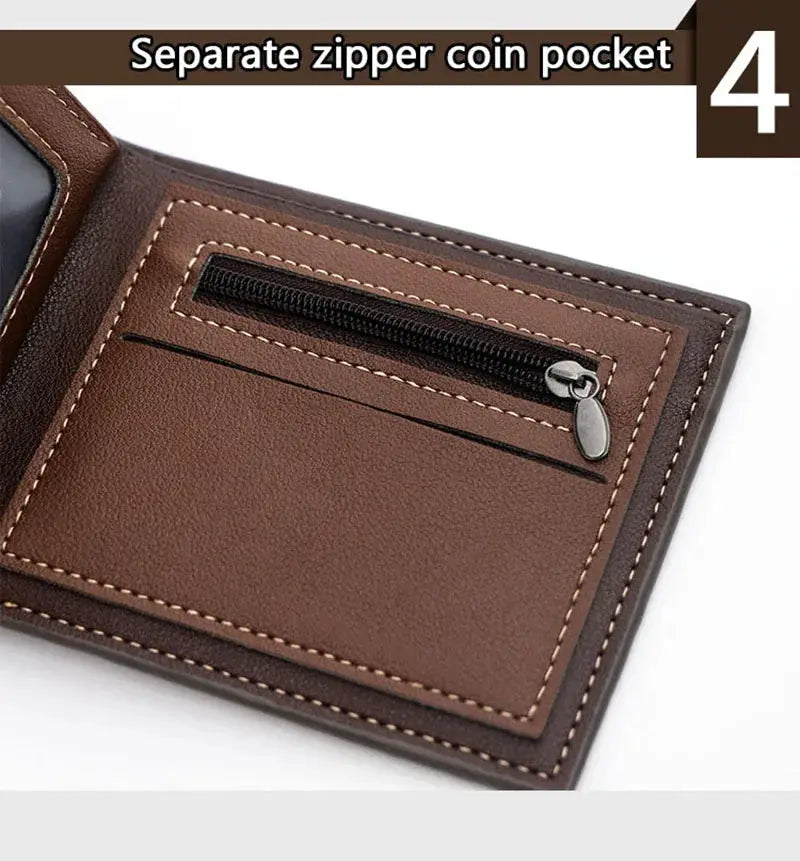 Men's wallet from Simples Market in brown PU leather with slim card holder and zipper coin pocket.