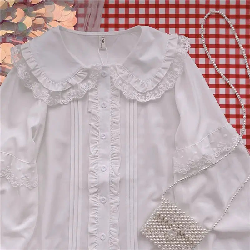 Lolita shirt white with lace Peter Pan collar, ruffled placket, long sleeves