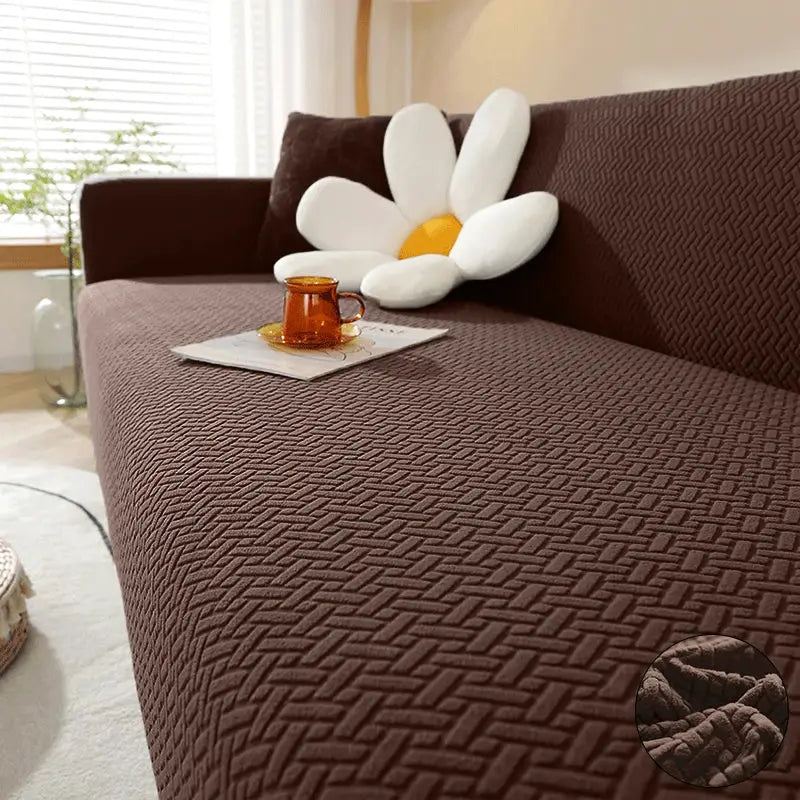Jacquard elastic sofa cover in brown polar fleece with geometric pattern for L-shaped sofas (1–4 seater)