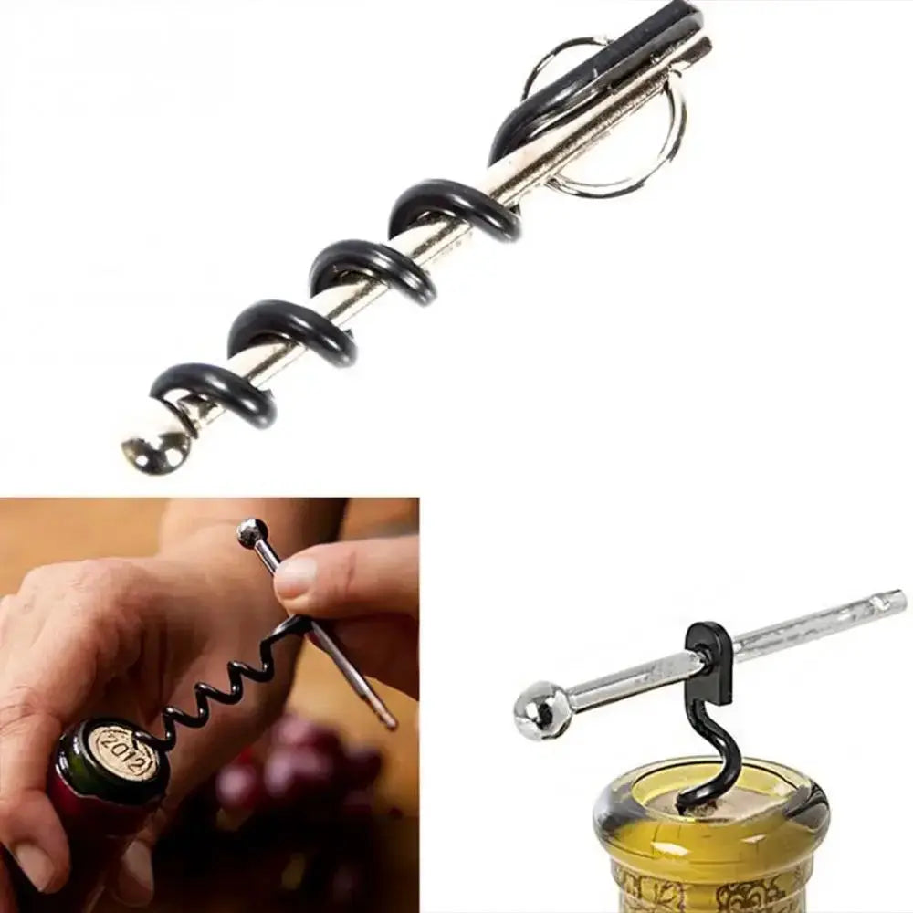 Corkscrew bottle opener keyring tool; compact metal outdoor EDC for camping