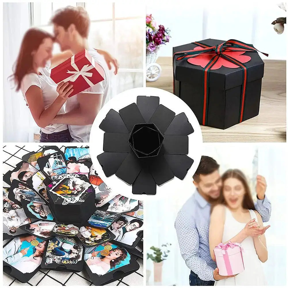 DIY Explosion Photo Album Gift Box by Simples Market; black explosion box centerpiece, photo cards, and wrapped gifts