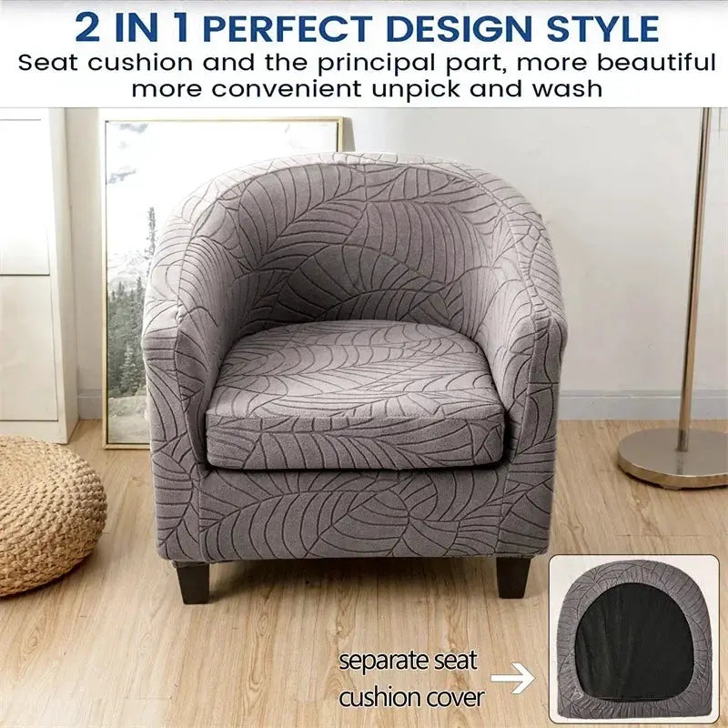 Leaves Jacquard tub chair slipcover in grey with anti-dirt stretch fabric; includes separate seat cushion cover