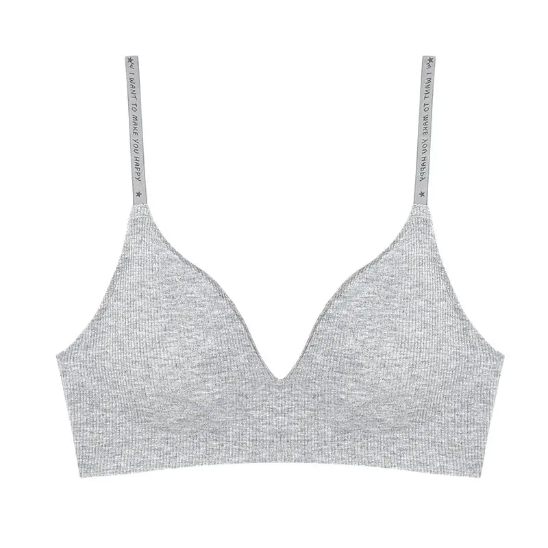 FINETOO women's wireless padded bralette, gray knit, deep V, adjustable straps