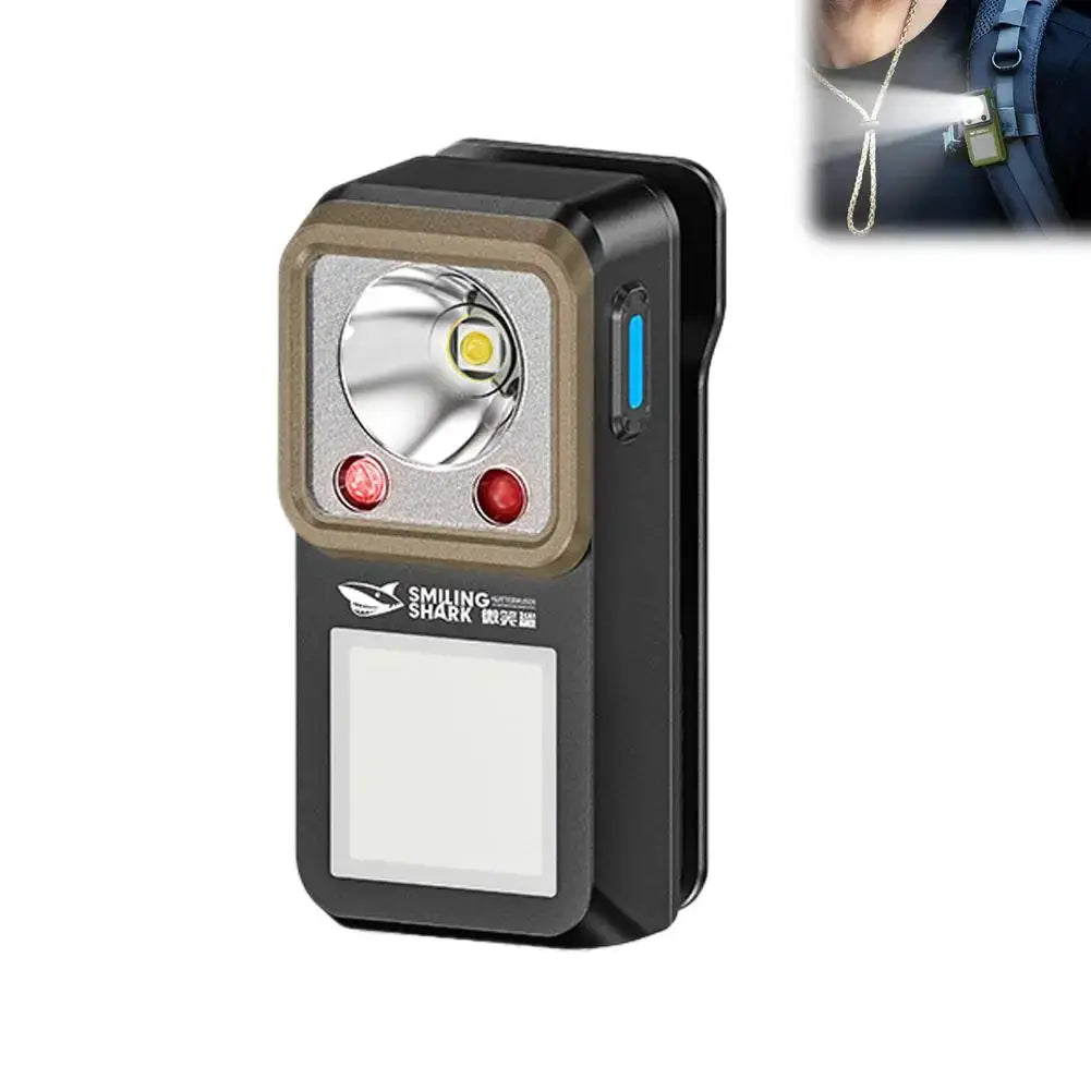 LED Magnetic Clamp Flashlight Smiling Shark, black body with bronze bezel, clip-on rechargeable camping light