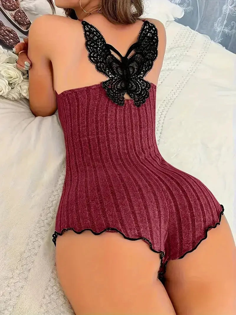 ElegantLuxe Back Butterfly Embroidery Pajamas For Women With Lace Splicing Bodysuit Loungerwear