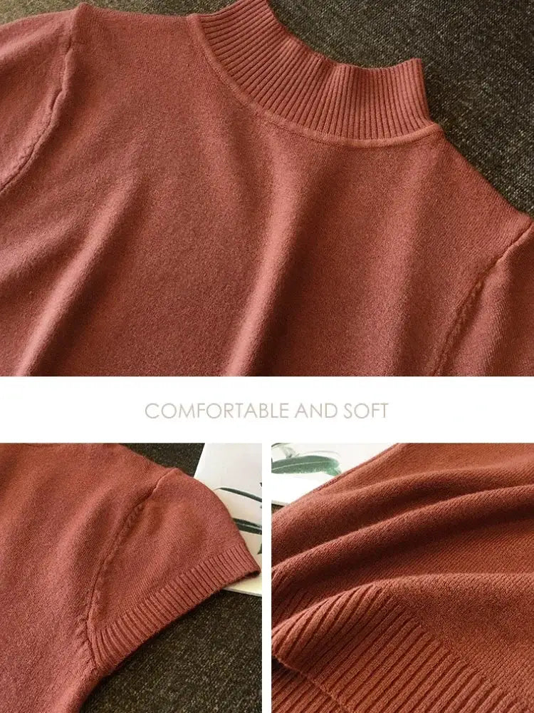 Korean Chic Half High Neck T Shirt Women Jumper Slim Fit Knit Top Spring Summer Solid Color
