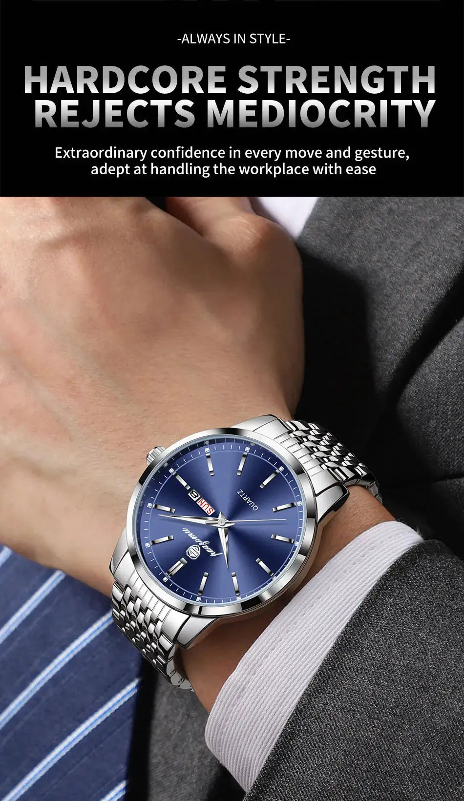 PAAZOMU luxury men's watch with blue dial, stainless steel bracelet, day/date window
