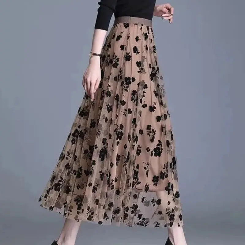 Korean women's beige tulle floral midi skirt with black embroidery