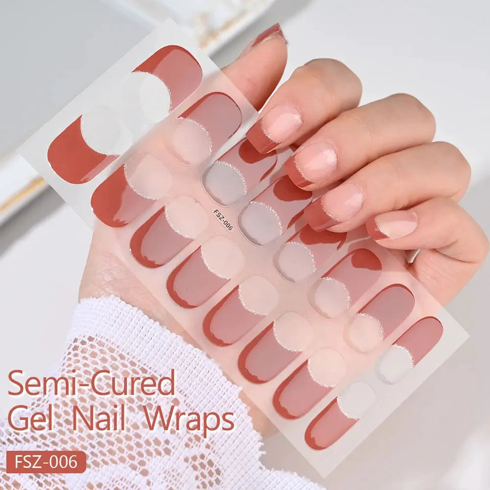Semi-cured gel nail wraps sheet with pink mauve full-cover decals and adhesive