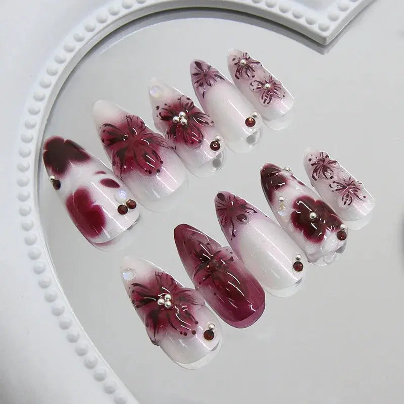 Spicy Girl Flower Print Press On Nails 24Pcs Wine Red Blush Almond Wearable Reusable False Nail Tips For Summer