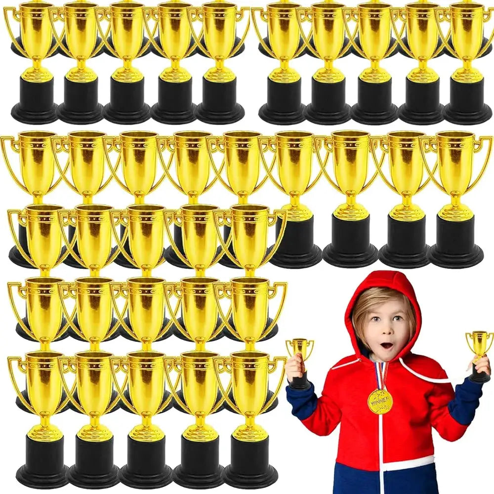 Plastic gold trophy prizes 6/12Pcs with black bases by Simples Market for kids' birthday party favors