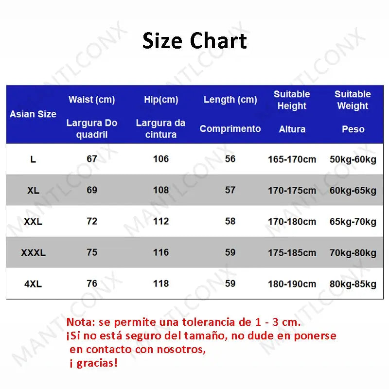 New Fashion Sports Shorts Men size chart by Simples Market; Asian L–4XL with waist, hip, length, height/weight