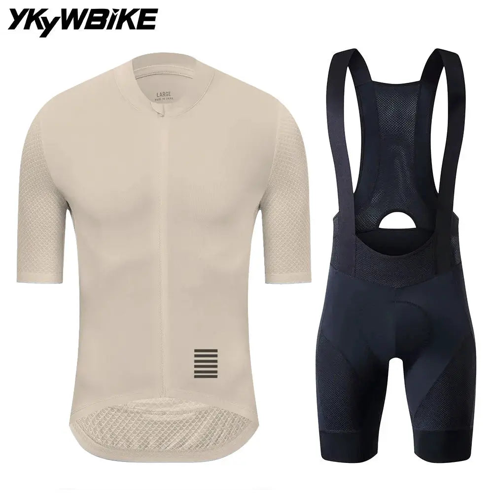 YKYWBIKE two-piece cycling jersey set: beige short-sleeve jersey and black bib shorts
