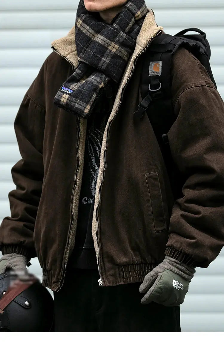 Polar fleece jacket for men, brown thick zip-up with shearling lining