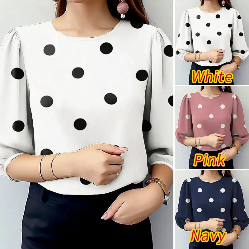 Polka Dot Blouse For Women ZANZEA O Neck Three Quarter Sleeve Top