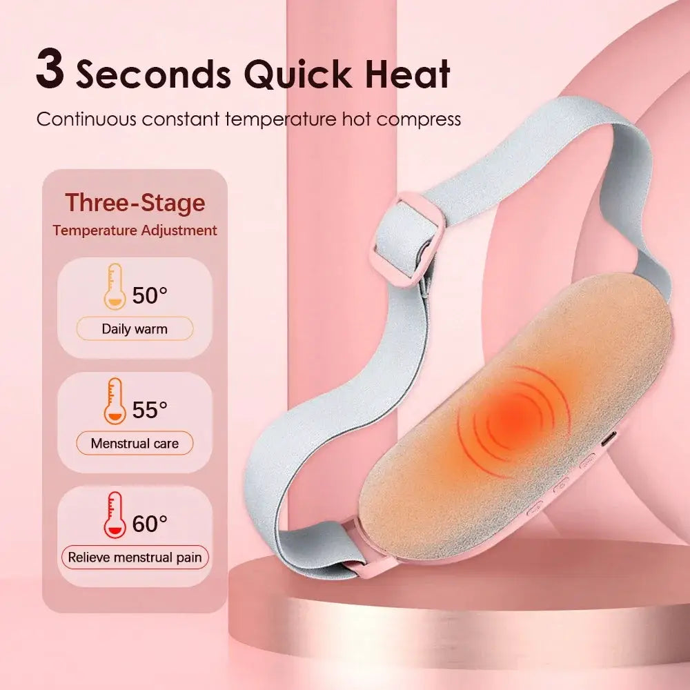Electric waist massage belt by Simples Market; pink strap with warming pad for menstrual cramps and orange heat ring