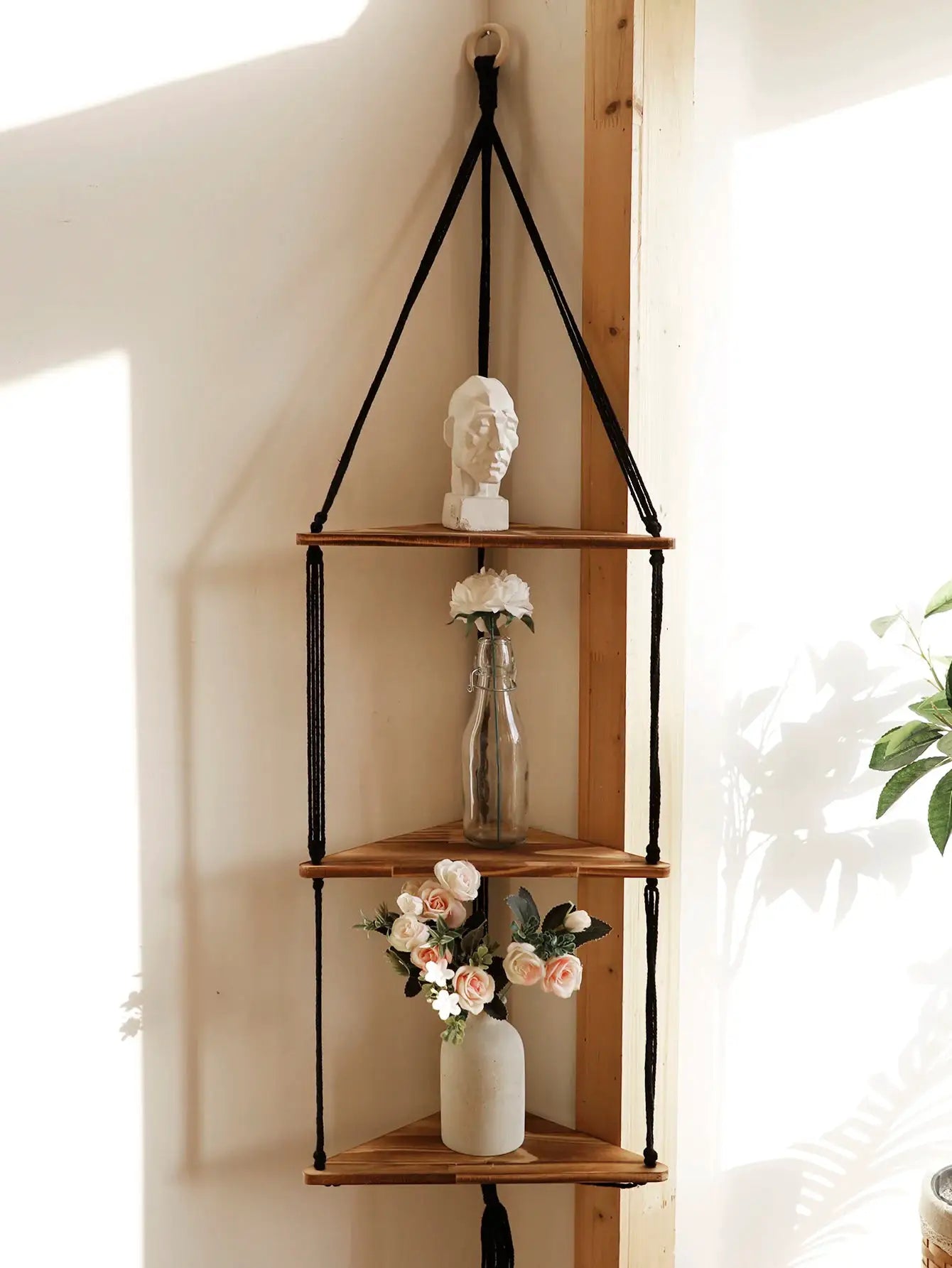 3-tier wooden triangle corner hanging shelf with black rope for boho home decor