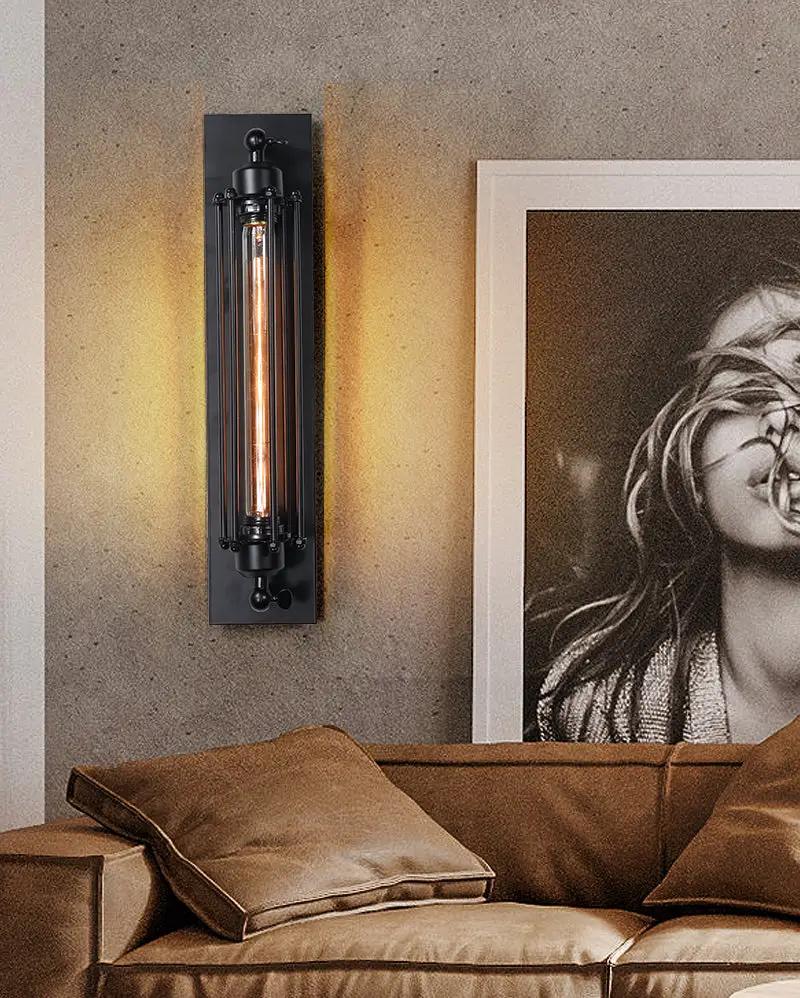 Retro industrial iron wall light with black backplate, glass tube, Simples Market LED lighting.