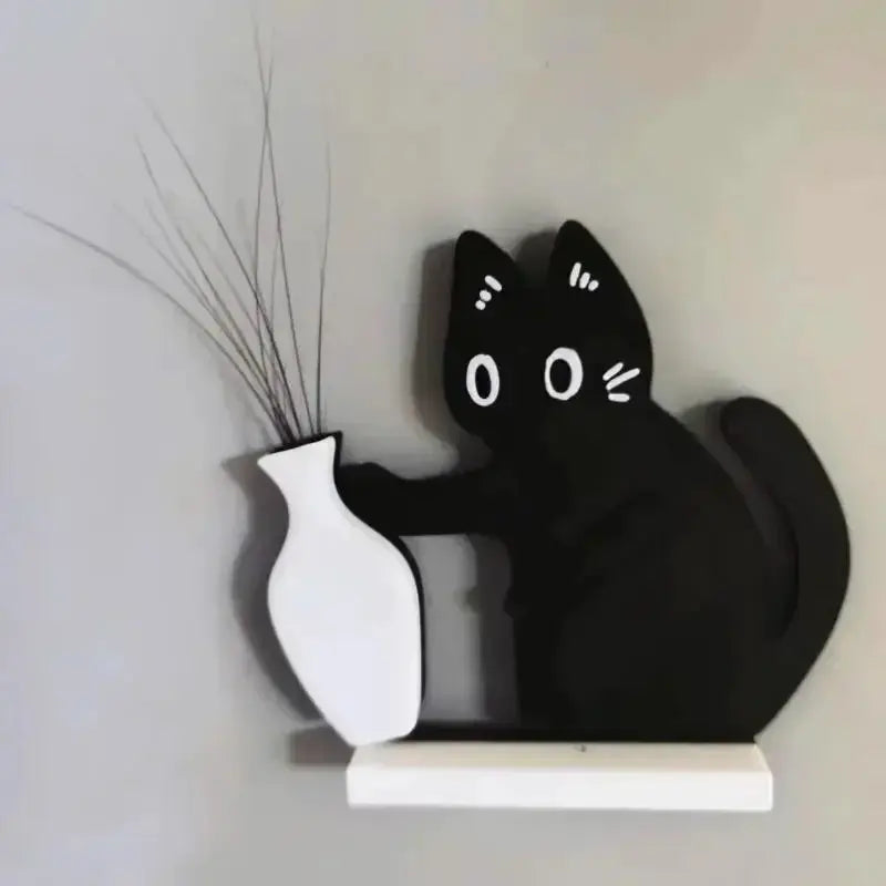 Refrigerator magnet featuring a black cat pushing a white vase, part of the Whisker Collection decor.