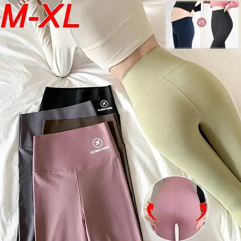 Shark high-waisted yoga tights (M-XL) in sage green; Flying Form logo, plus 4 folded colors (black, brown, mauve, pink).